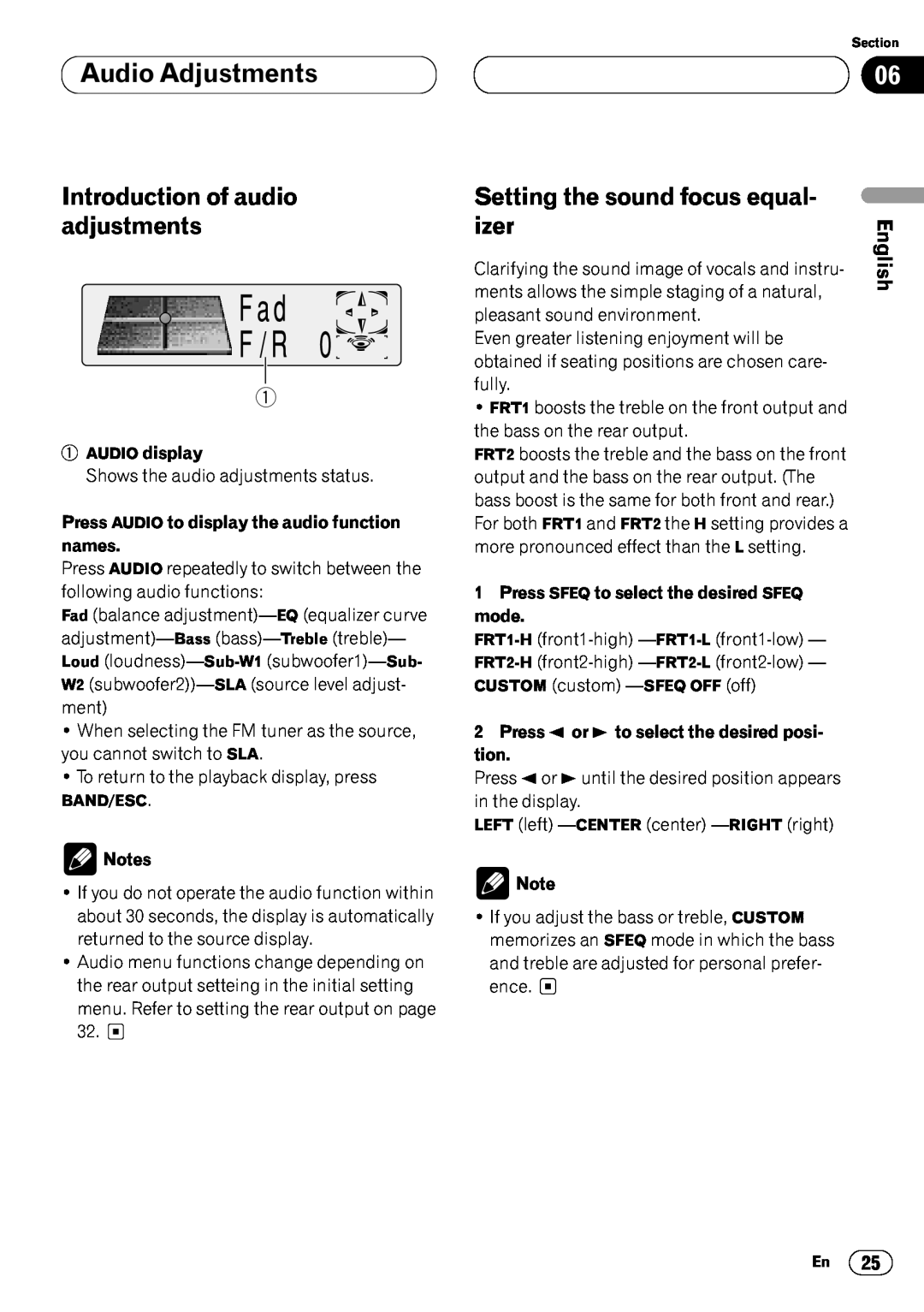 Pioneer DEH-P6450 Audio Adjustments, Introduction of audio adjustments, Setting the sound focus equal- izer, AUDIO display 