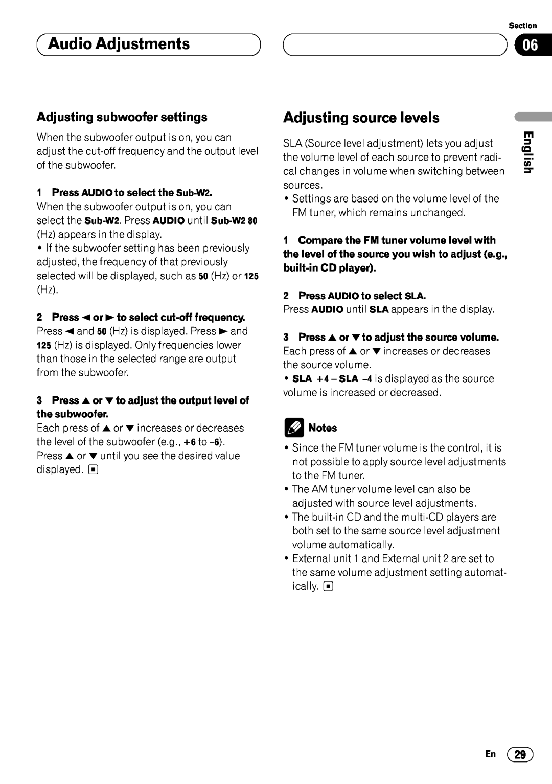 Pioneer DEH-P6450 Adjusting source levels, Adjusting subwoofer settings, Compare the FM tuner volume level with, Français 