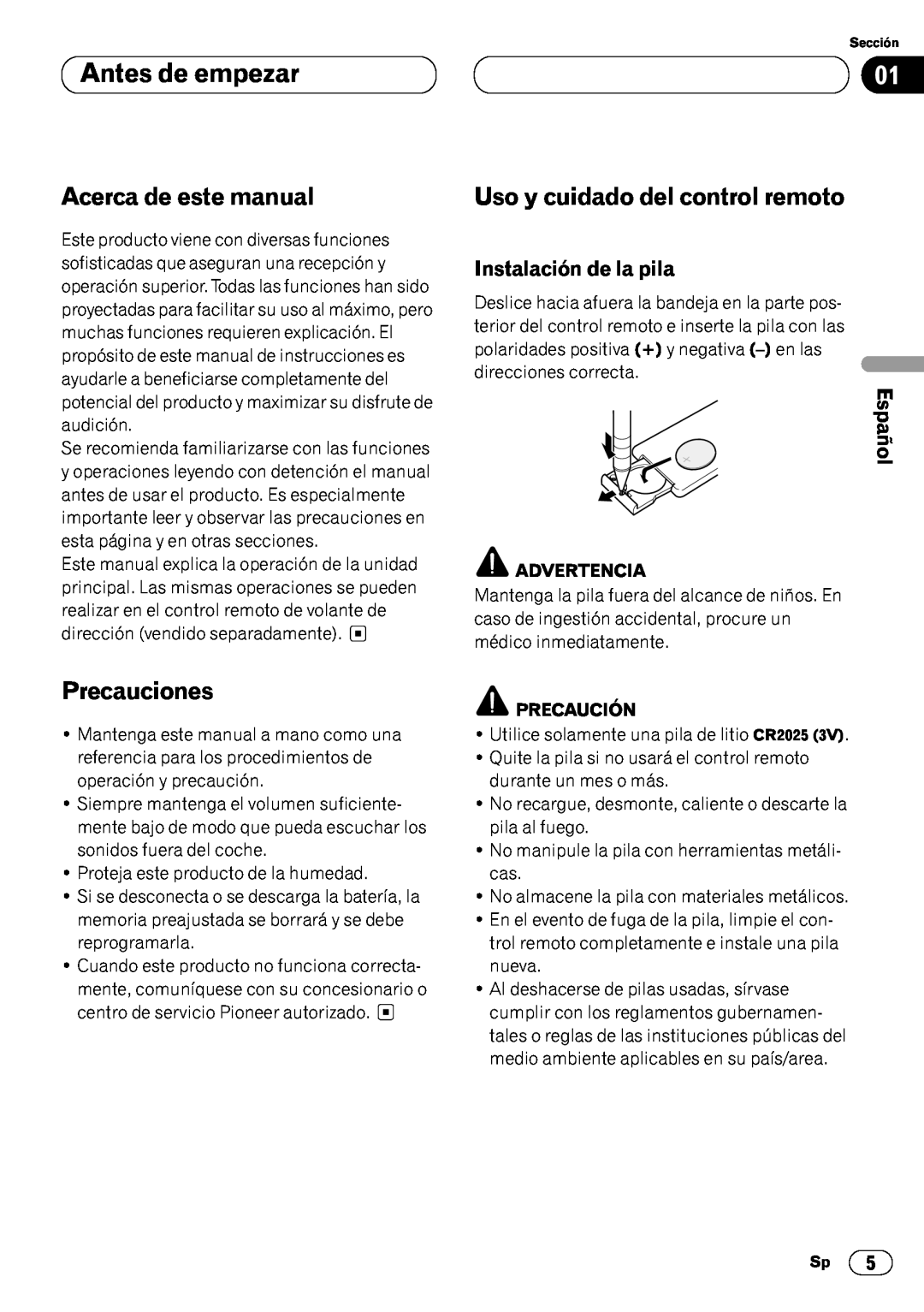 Pioneer DEH-P6450 Antes de empezar, Acerca de este manual, Precauciones, Uso y cuidado del control remoto, Español 