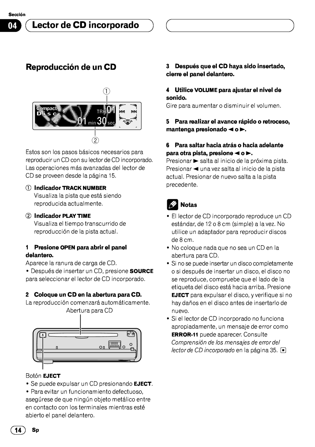 Pioneer DEH-P6450 operation manual Lector de CD incorporado, Reproducción de un CD, Indicador PLAY TIME, Notas 