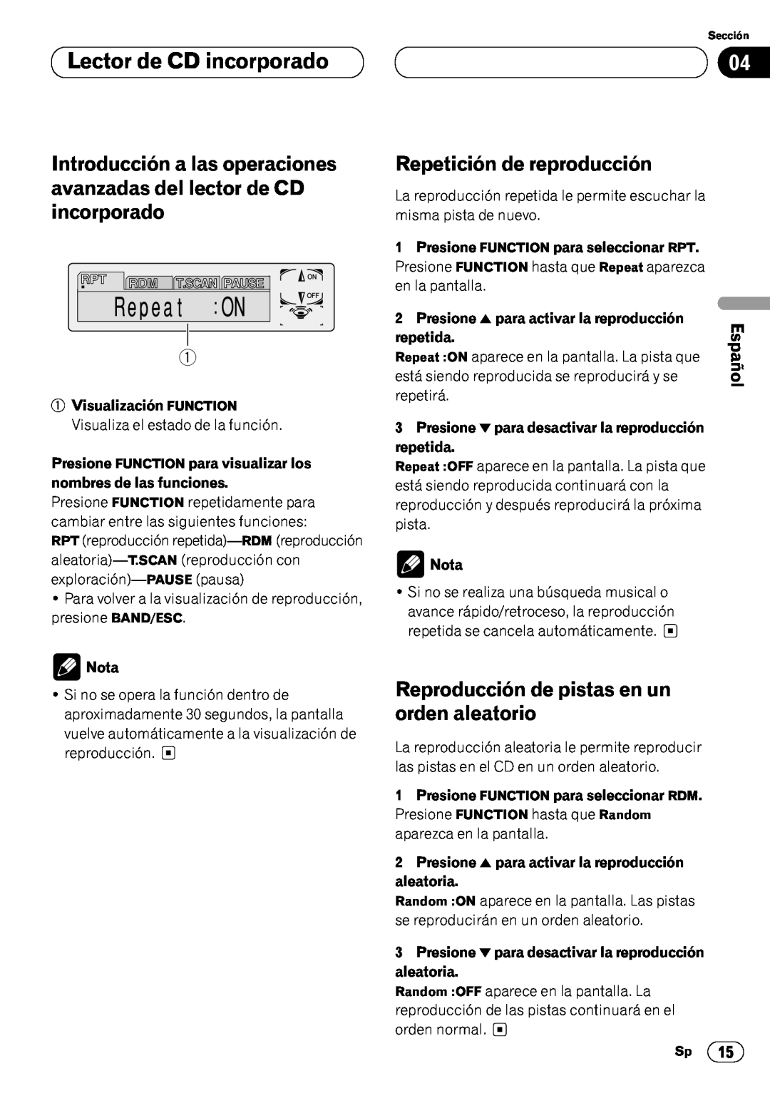 Pioneer DEH-P6450 Introducción a las operaciones avanzadas del lector de CD incorporado, Repetición de reproducción, Nota 