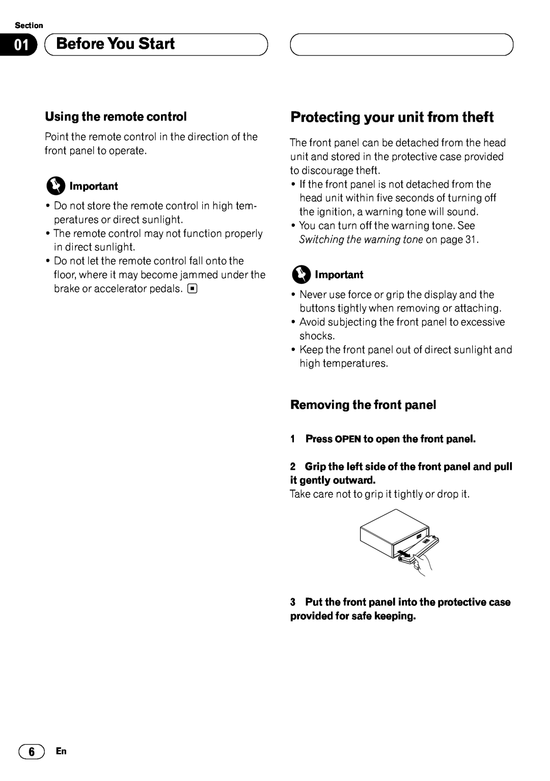 Pioneer DEH-P6450 Protecting your unit from theft, Using the remote control, Removing the front panel, Before You Start 