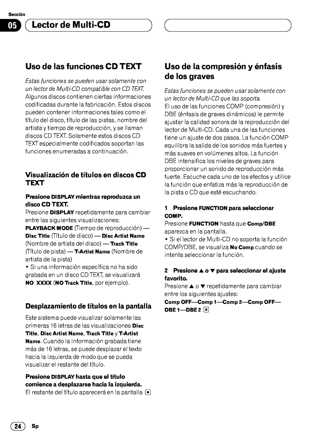 Pioneer DEH-P6450 Uso de la compresión y énfasis de los graves, Visualización de títulos en discos CD TEXT, Comp, 24 Sp 