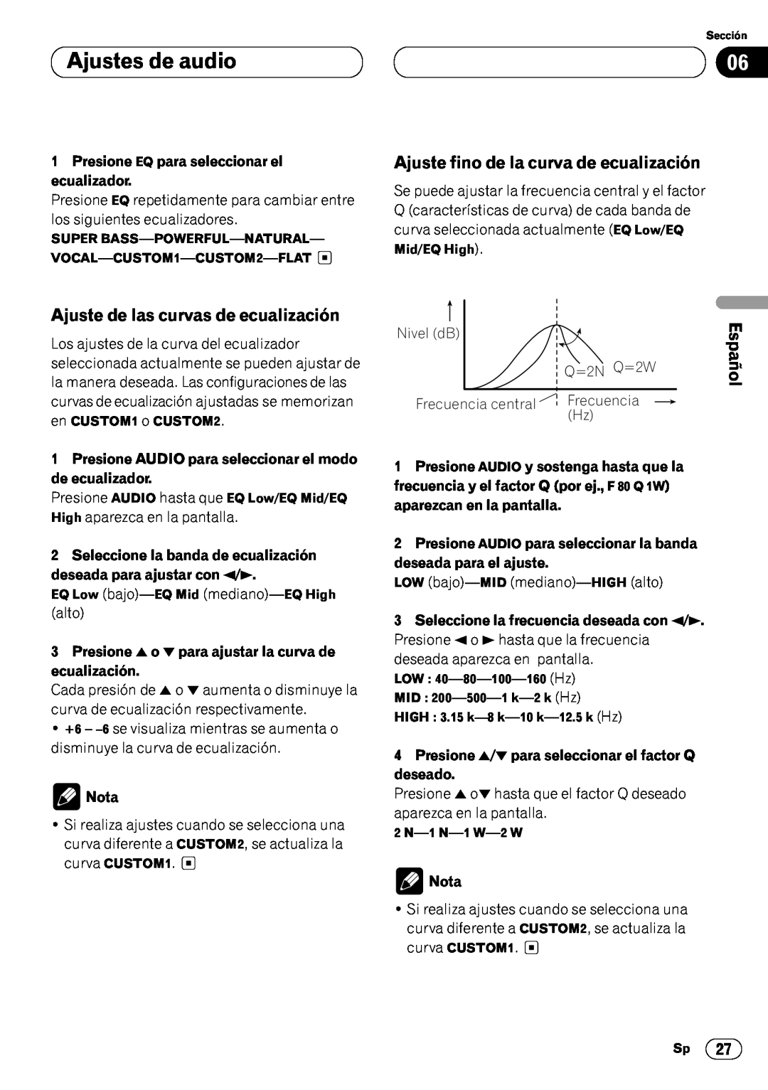 Pioneer DEH-P6450 Ajuste de las curvas de ecualización, Ajuste fino de la curva de ecualización, Nivel dB, Frecuencia 