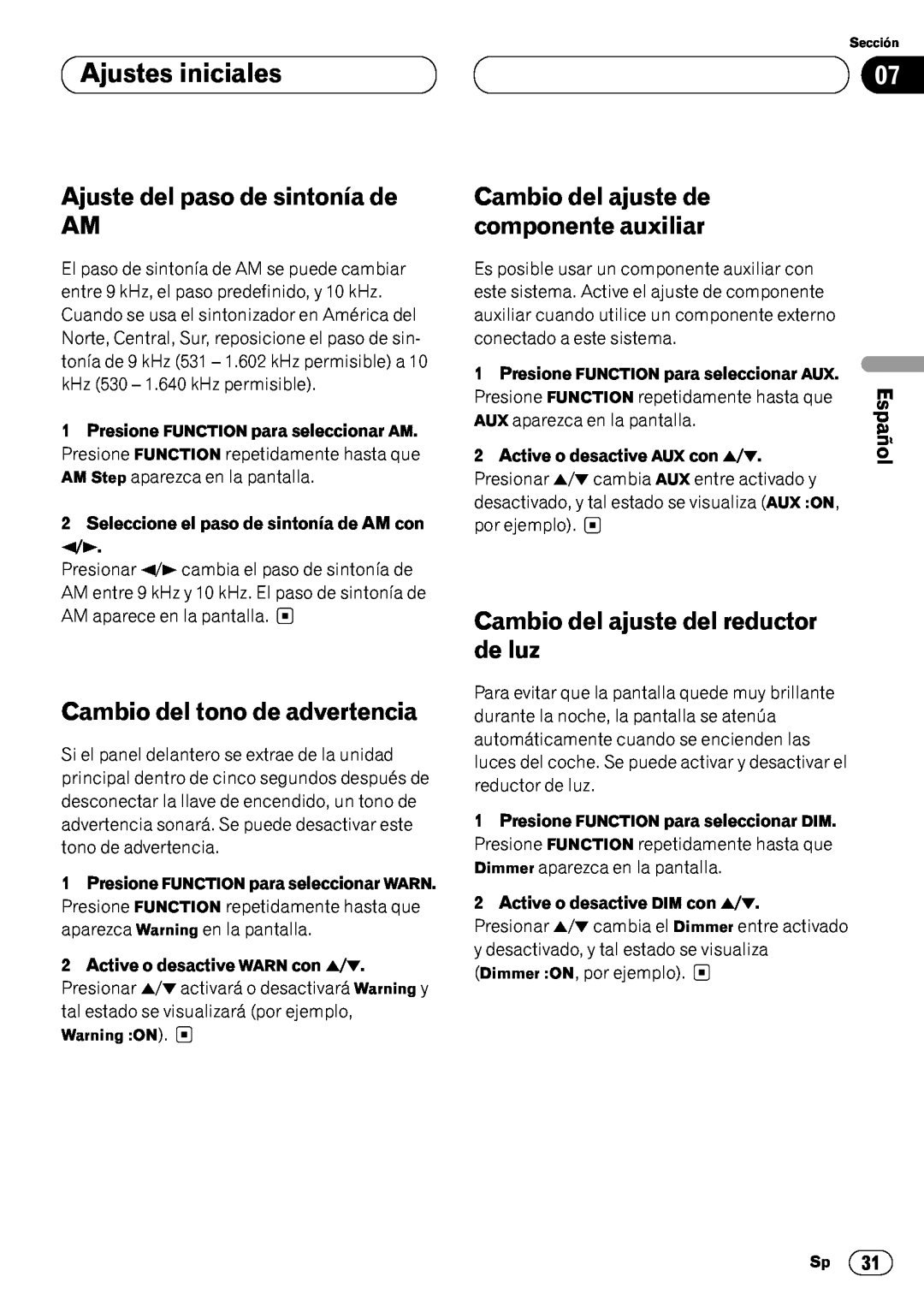 Pioneer DEH-P6450 Ajuste del paso de sintonía de AM, Cambio del tono de advertencia, Cambio del ajuste de, de luz, Español 