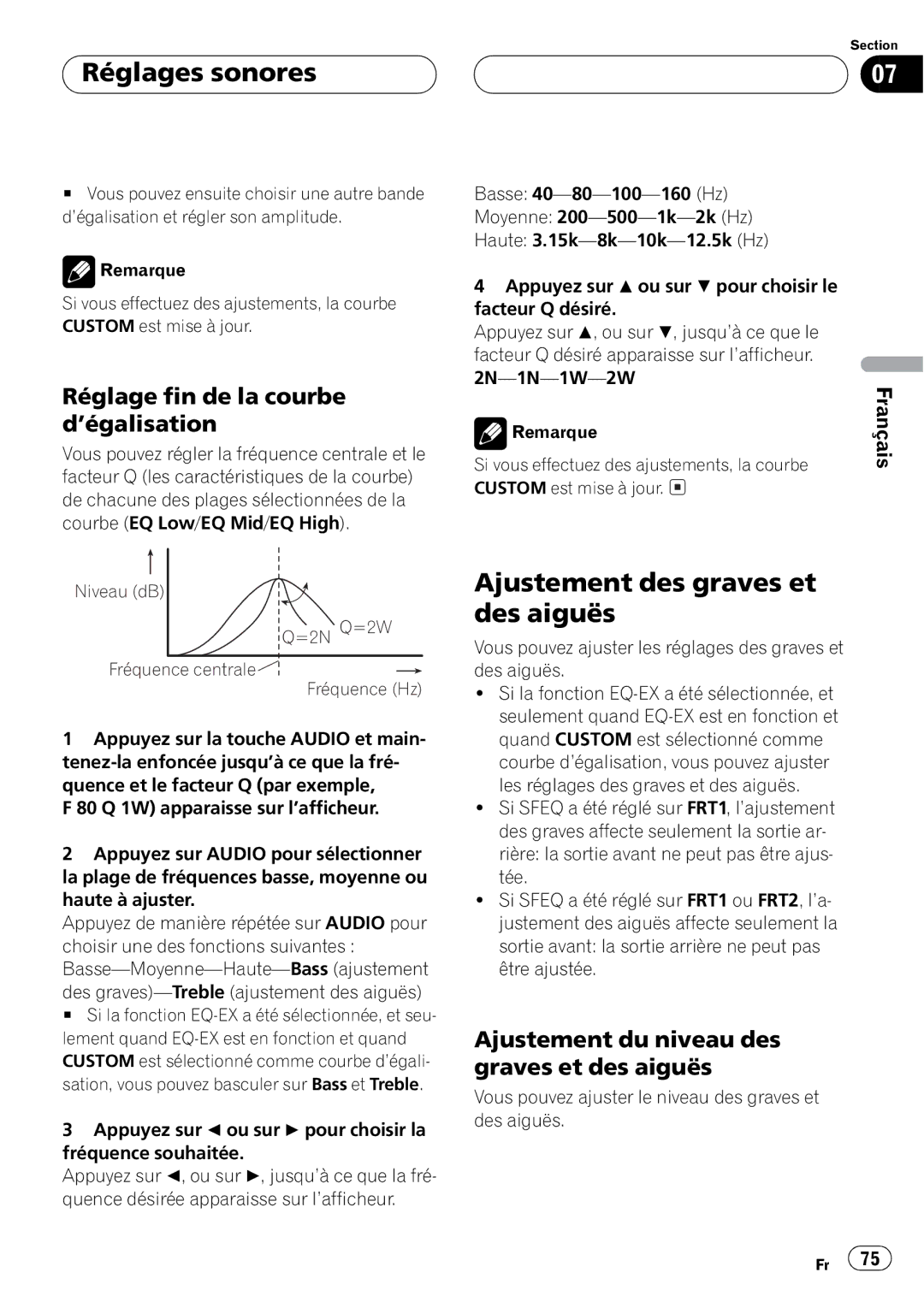 Pioneer DEH-P650 operation manual Niveau dB =2N Q=2W Fréquence centrale Fréquence Hz 