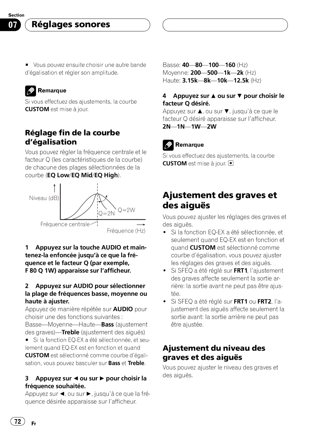 Pioneer DEH-P6500 operation manual Niveau dB =2N Q=2W Fréquence centrale Fréquence Hz 