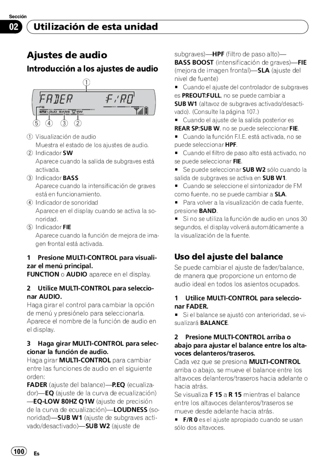 Pioneer DEH-P65BT operation manual Utilización de esta unidad Ajustes de audio, Introducción a los ajustes de audio, 100 Es 