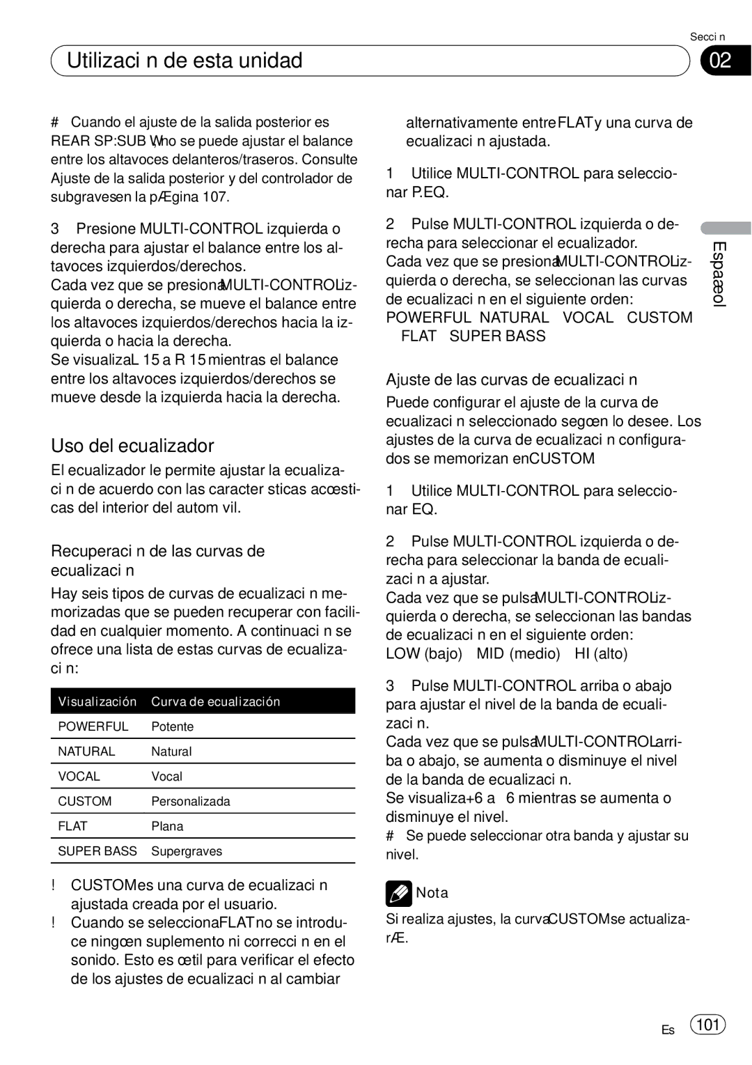 Pioneer DEH-P65BT Uso del ecualizador, Recuperación de las curvas de ecualización, Ajuste de las curvas de ecualización 