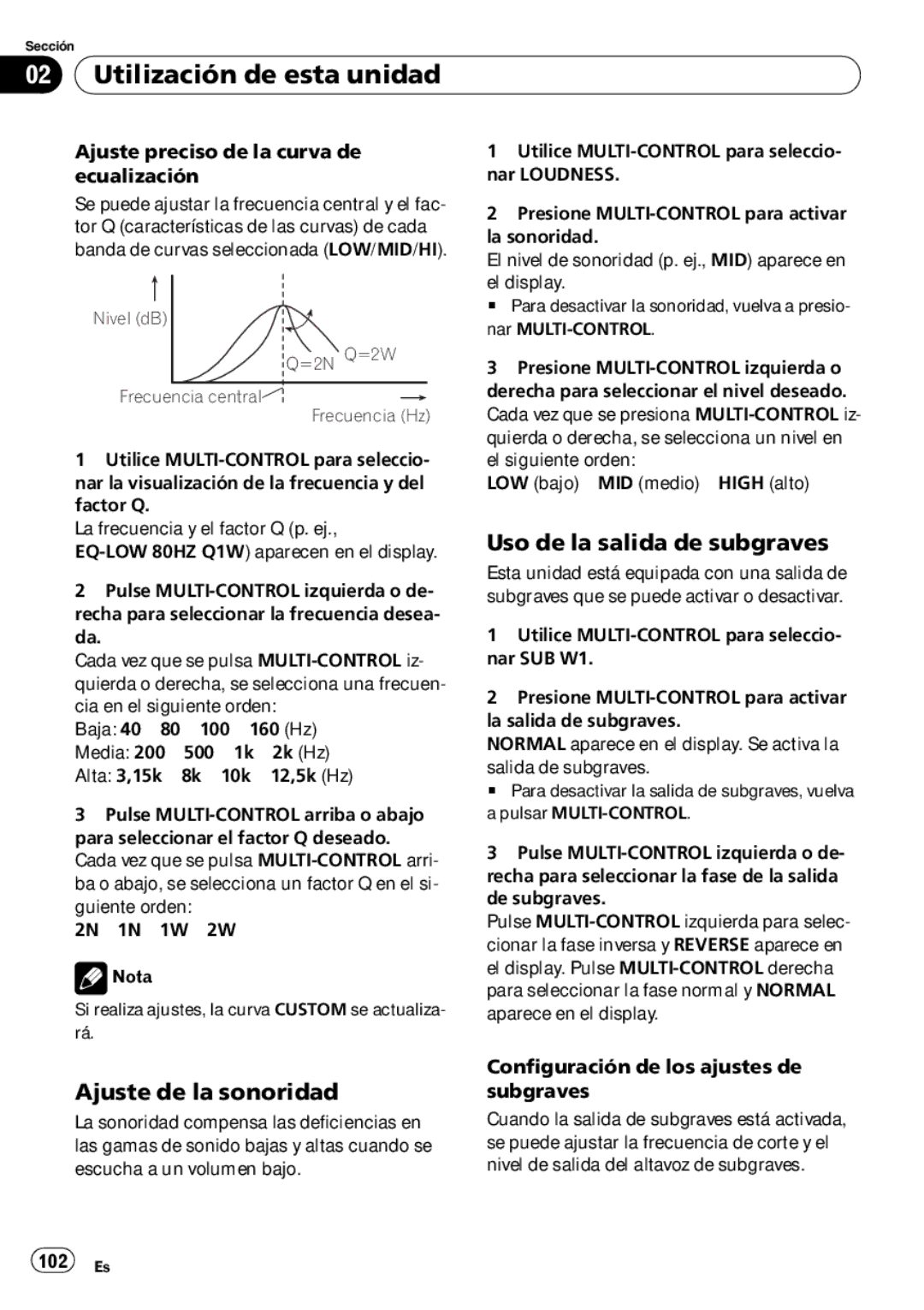 Pioneer DEH-P65BT Ajuste de la sonoridad, Uso de la salida de subgraves, Ajuste preciso de la curva de ecualización 