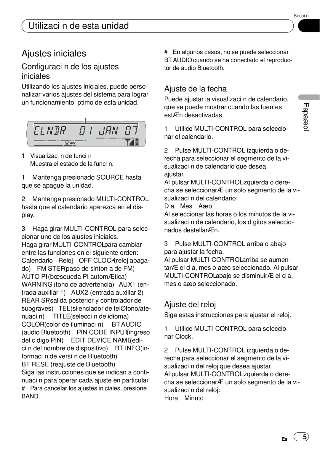 Pioneer DEH-P65BT Utilización de esta unidad Ajustes iniciales, Configuración de los ajustes iniciales, Ajuste de la fecha 