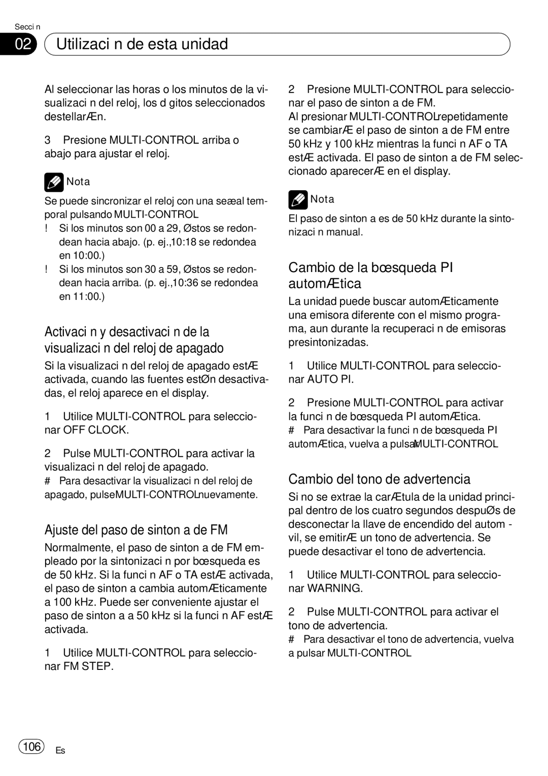 Pioneer DEH-P65BT Cambio de la búsqueda PI automática, Ajuste del paso de sintonía de FM, Cambio del tono de advertencia 