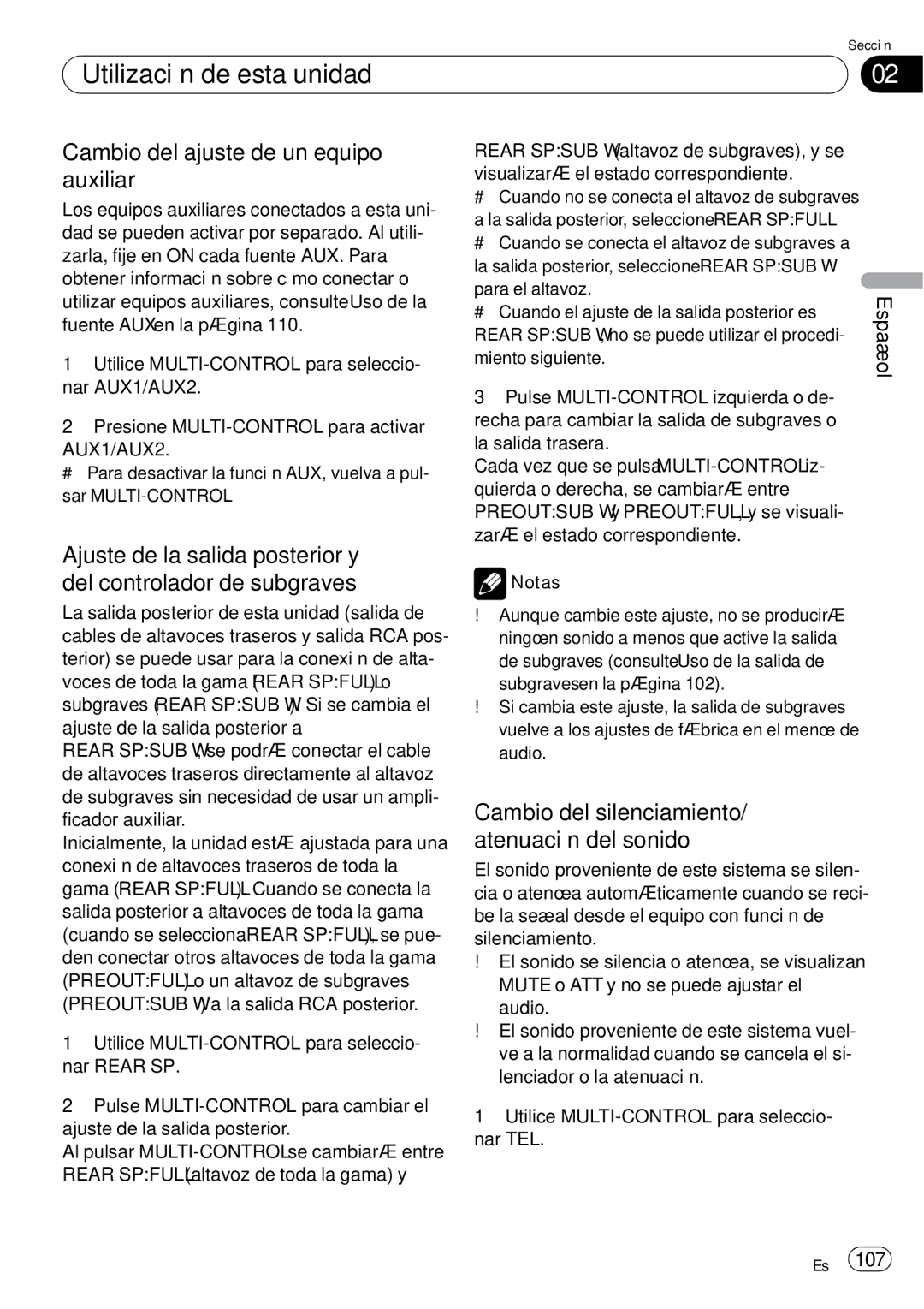 Pioneer DEH-P65BT Cambio del ajuste de un equipo auxiliar, Cambio del silenciamiento/ atenuación del sonido, AUX1/AUX2 