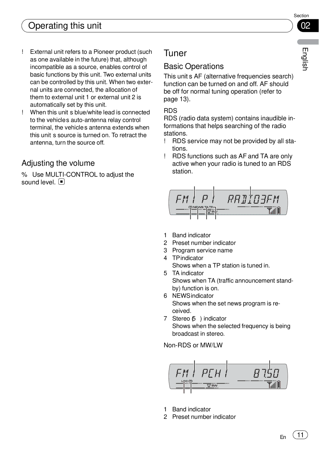 Pioneer DEH-P65BT operation manual Tuner, Adjusting the volume, Basic Operations, Rds 