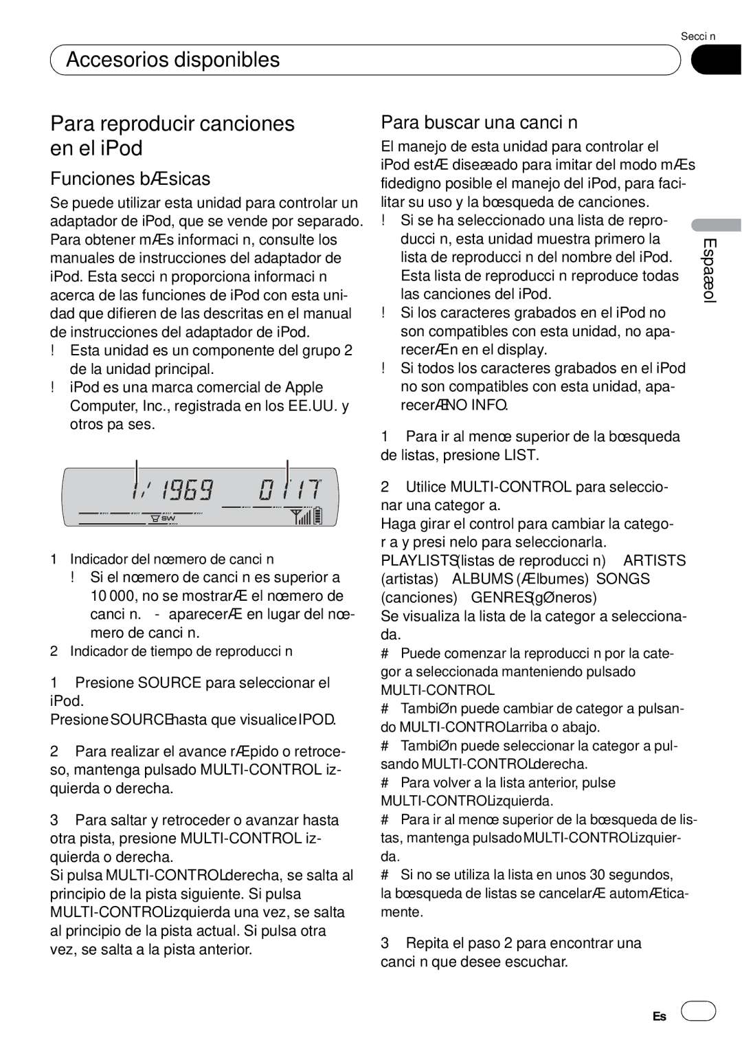 Pioneer DEH-P65BT operation manual Accesorios disponibles Para reproducir canciones, En el iPod, Para buscar una canción 