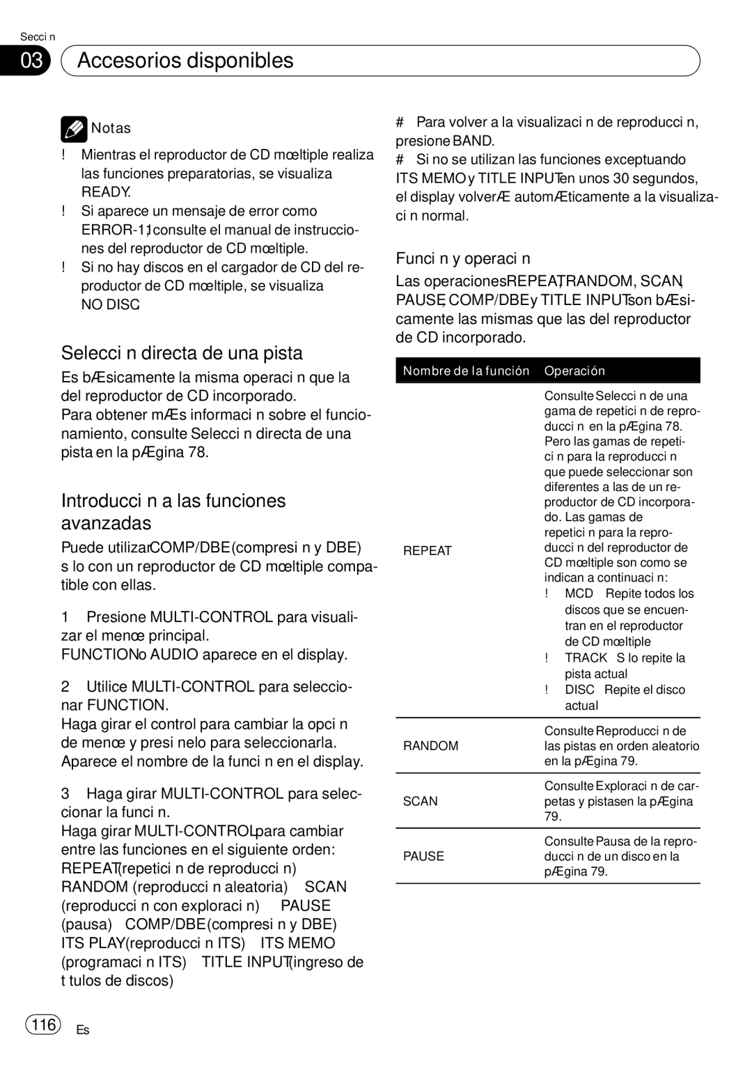 Pioneer DEH-P65BT operation manual Función y operación, 116 Es, Ready, No Disc 