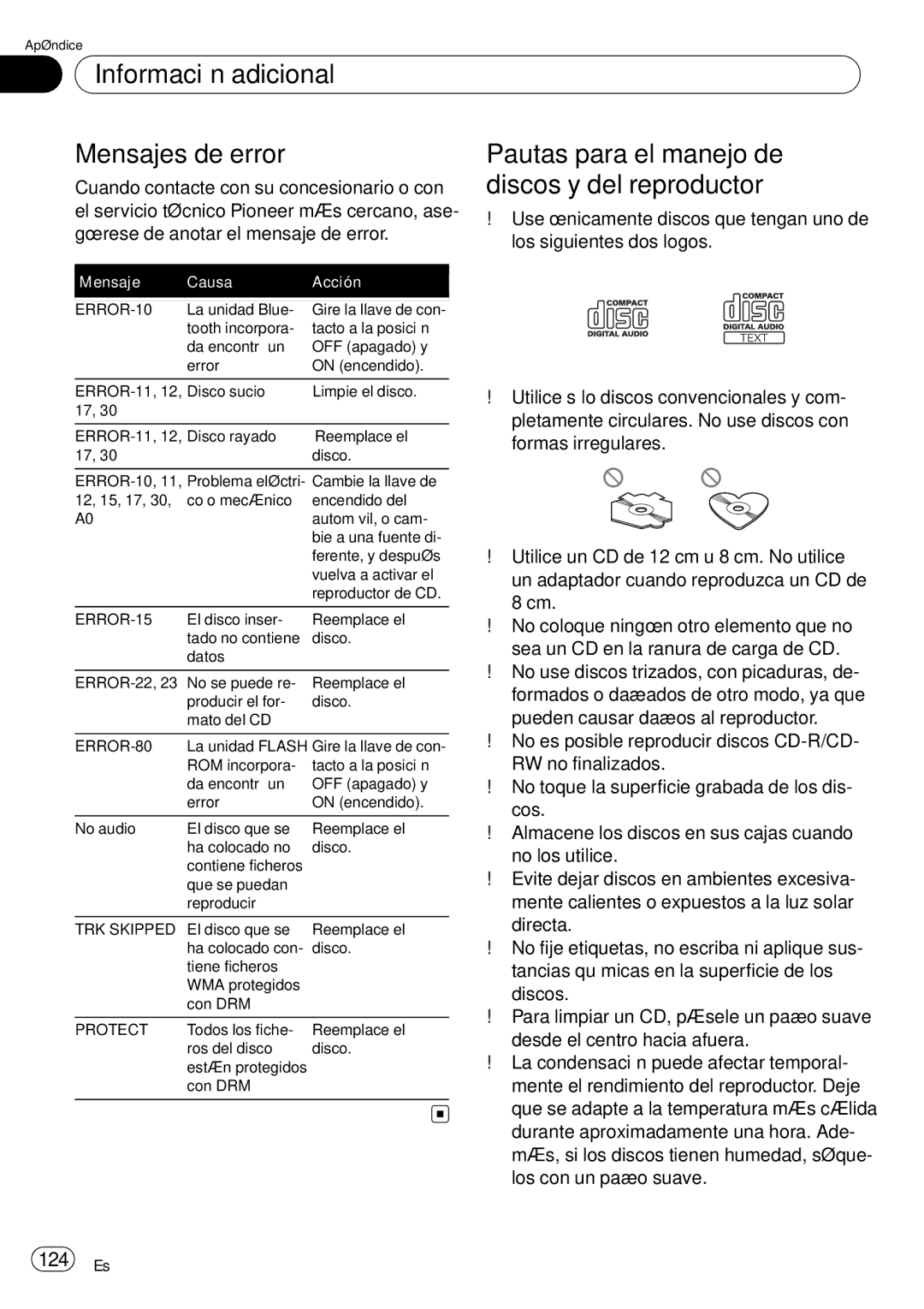 Pioneer DEH-P65BT operation manual Discos y del reproductor, 124 Es, Cuando contacte con su concesionario o con 