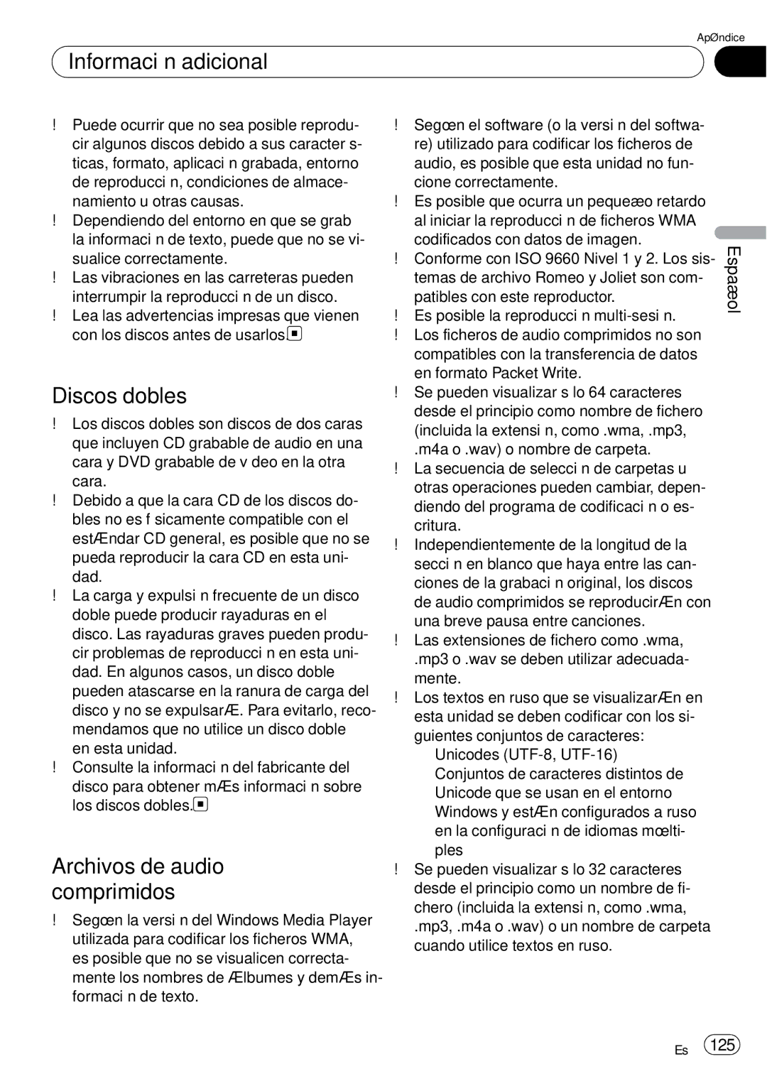 Pioneer DEH-P65BT operation manual Información adicional, Discos dobles, Archivos de audio comprimidos 