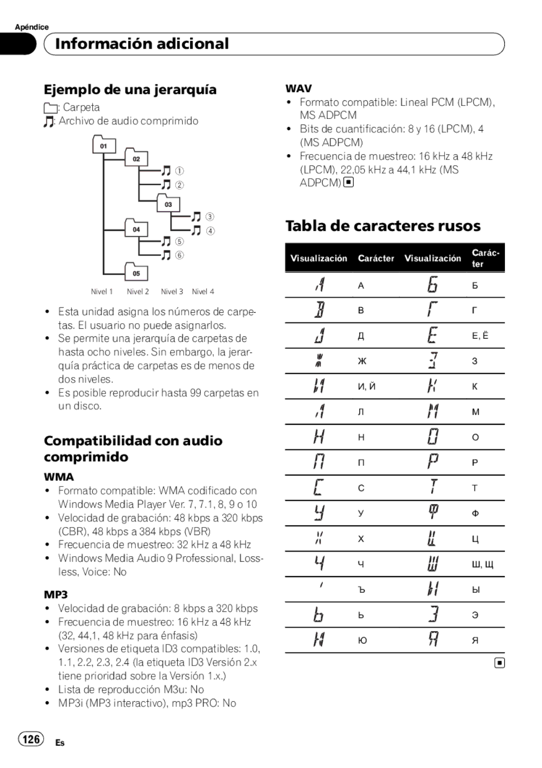 Pioneer DEH-P65BT Tabla de caracteres rusos, Ejemplo de una jerarquía, Compatibilidad con audio comprimido, 126 Es 