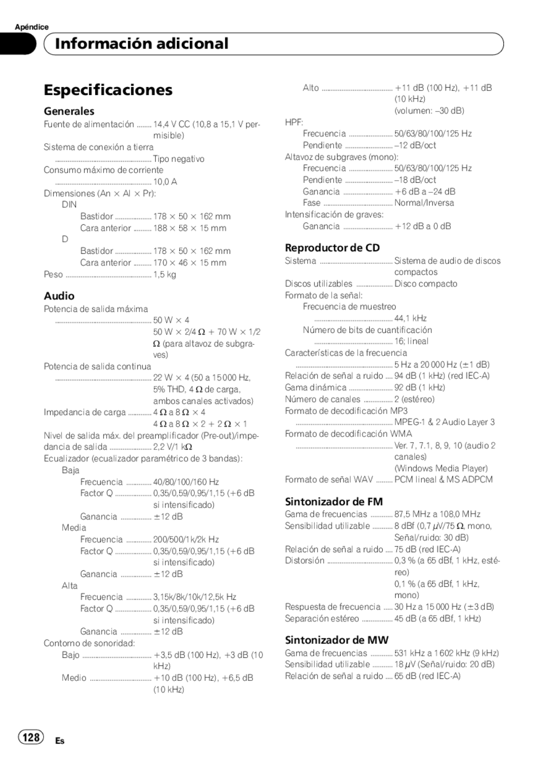 Pioneer DEH-P65BT operation manual Información adicional Especificaciones, 128 Es 