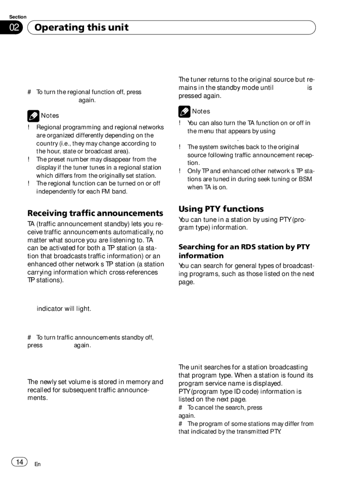 Pioneer DEH-P65BT Receiving traffic announcements, Using PTY functions, Searching for an RDS station by PTY information 