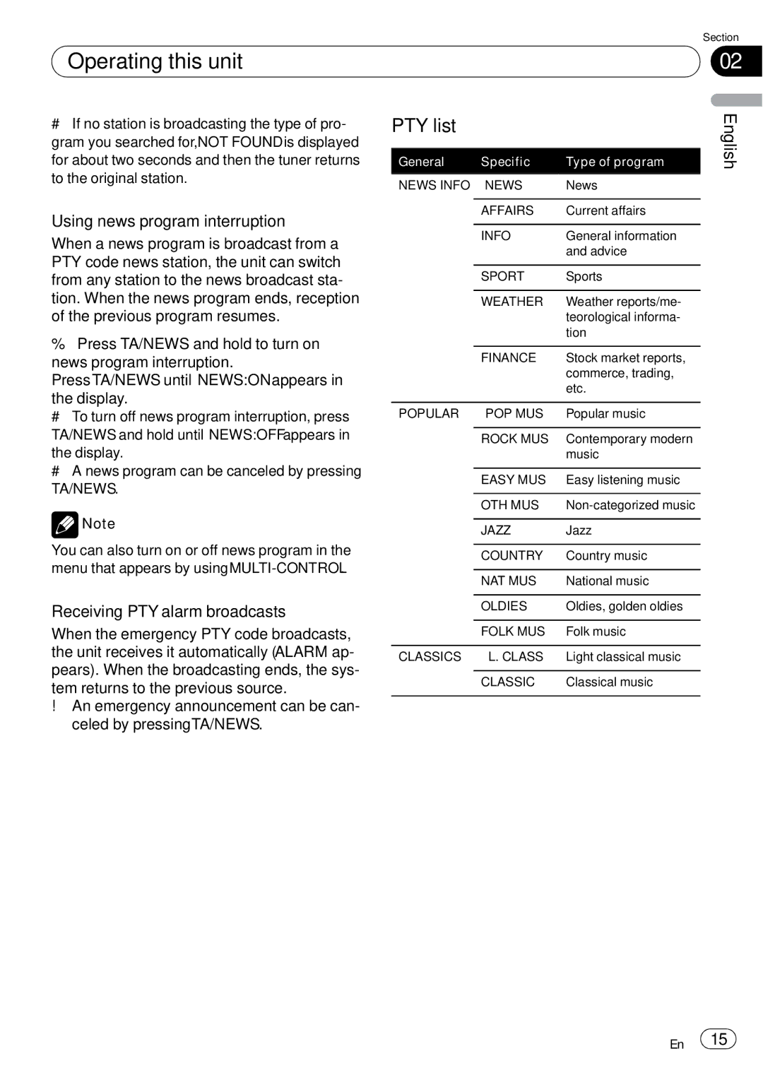 Pioneer DEH-P65BT operation manual PTY list, Using news program interruption, Receiving PTY alarm broadcasts 