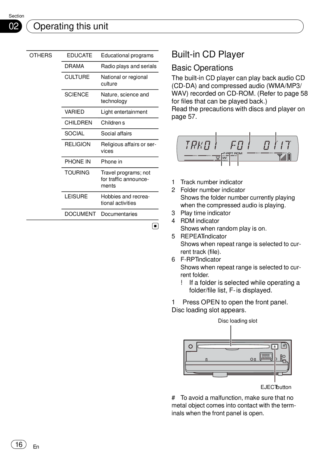 Pioneer DEH-P65BT operation manual Built-in CD Player, Track number indicator Folder number indicator 