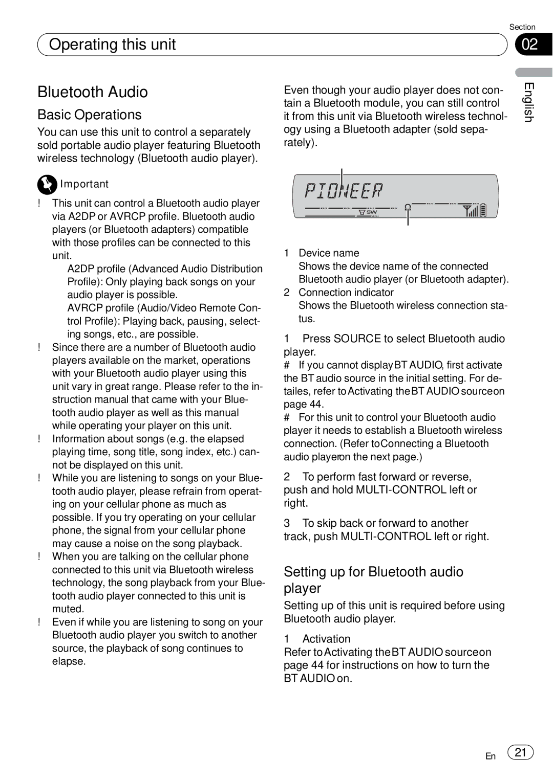 Pioneer DEH-P65BT operation manual Operating this unit Bluetooth Audio, Setting up for Bluetooth audio, Player 