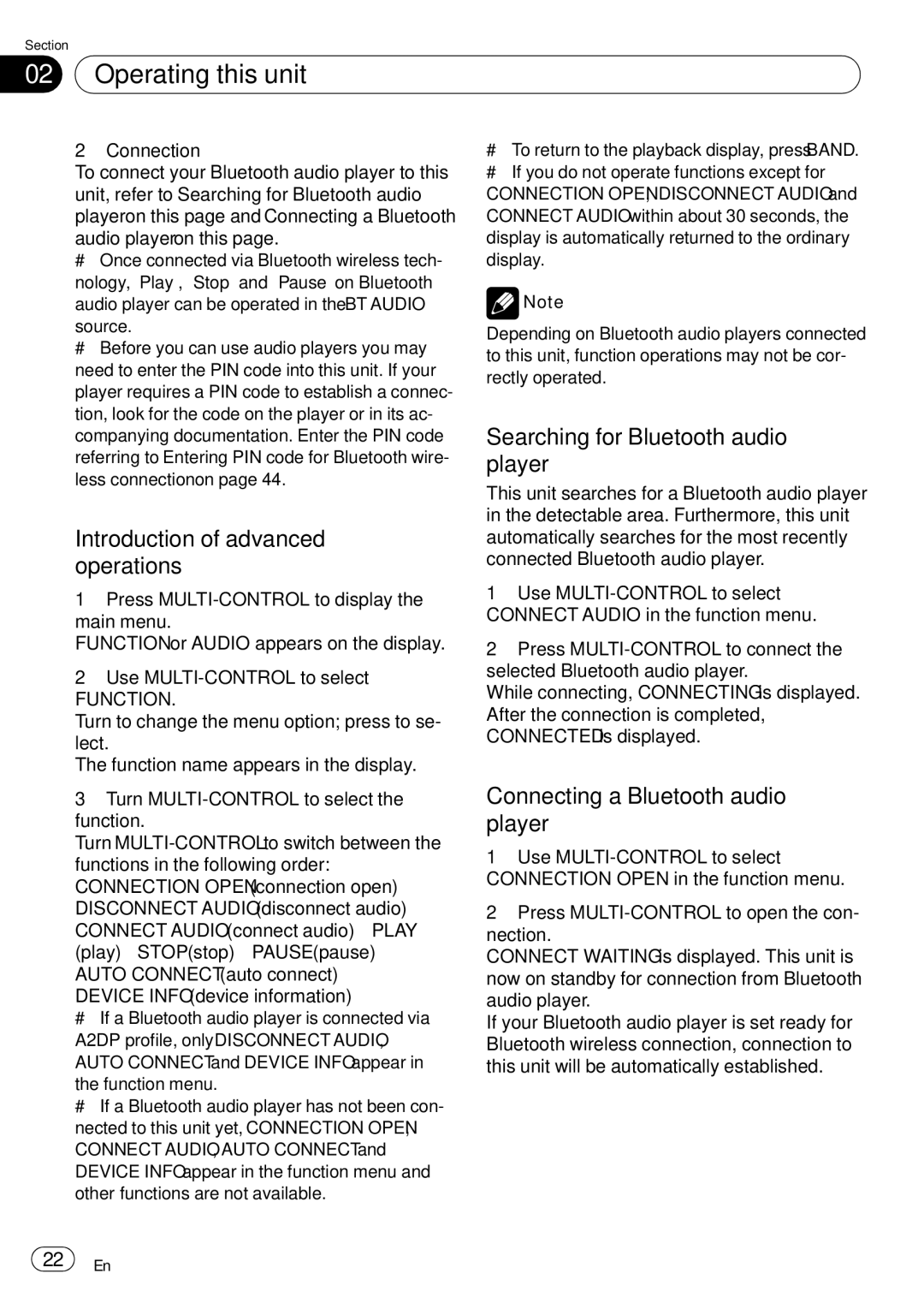 Pioneer DEH-P65BT operation manual Searching for Bluetooth audio player, Connecting a Bluetooth audio player 