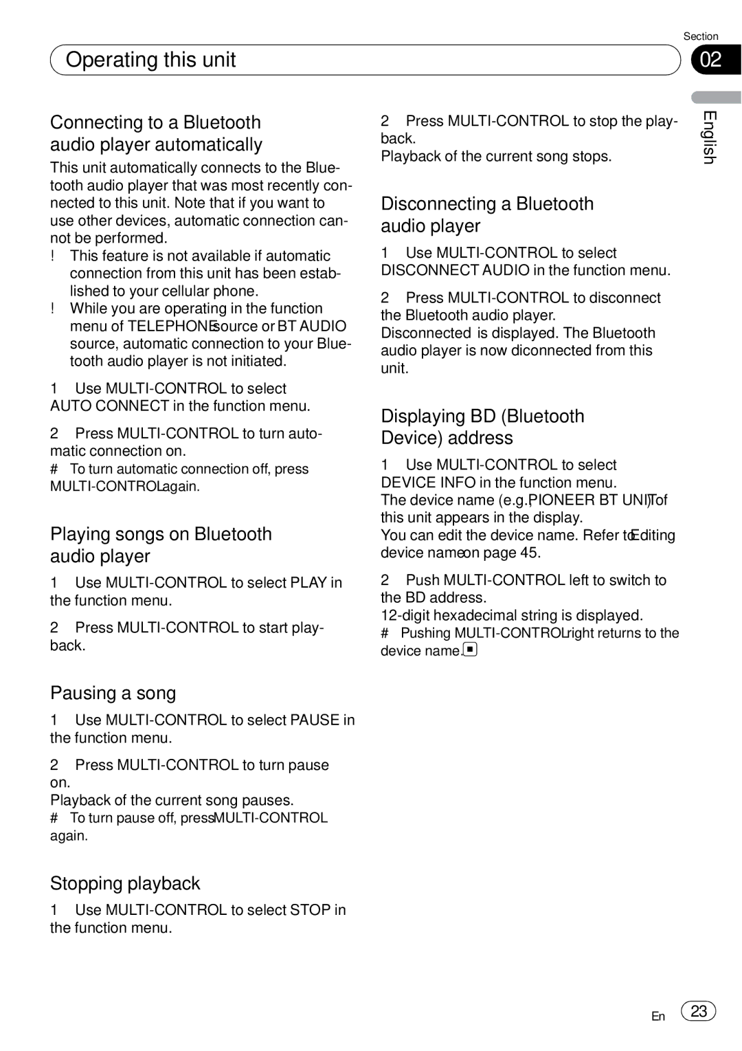 Pioneer DEH-P65BT Connecting to a Bluetooth audio player automatically, Playing songs on Bluetooth audio player 