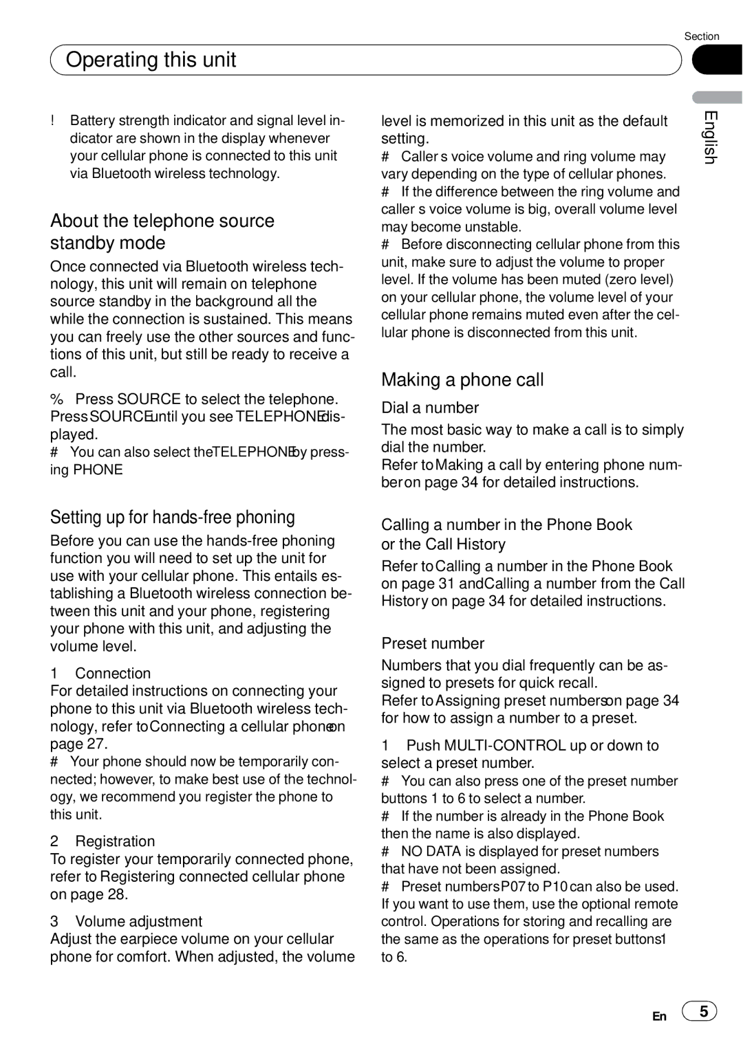 Pioneer DEH-P65BT About the telephone source standby mode, Setting up for hands-free phoning, Making a phone call 