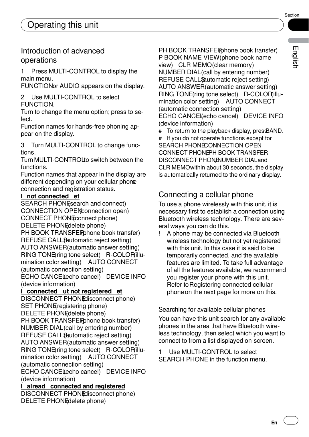 Pioneer DEH-P65BT operation manual Connecting a cellular phone, Searching for available cellular phones 