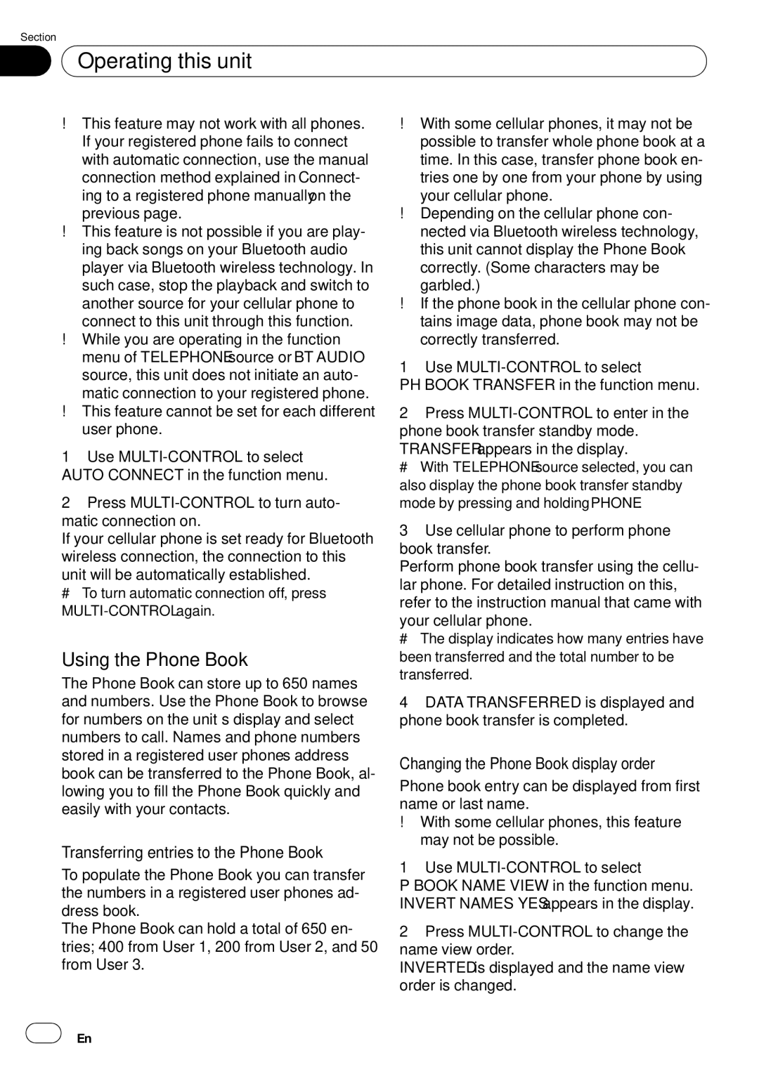 Pioneer DEH-P65BT Using the Phone Book, Transferring entries to the Phone Book, Changing the Phone Book display order 