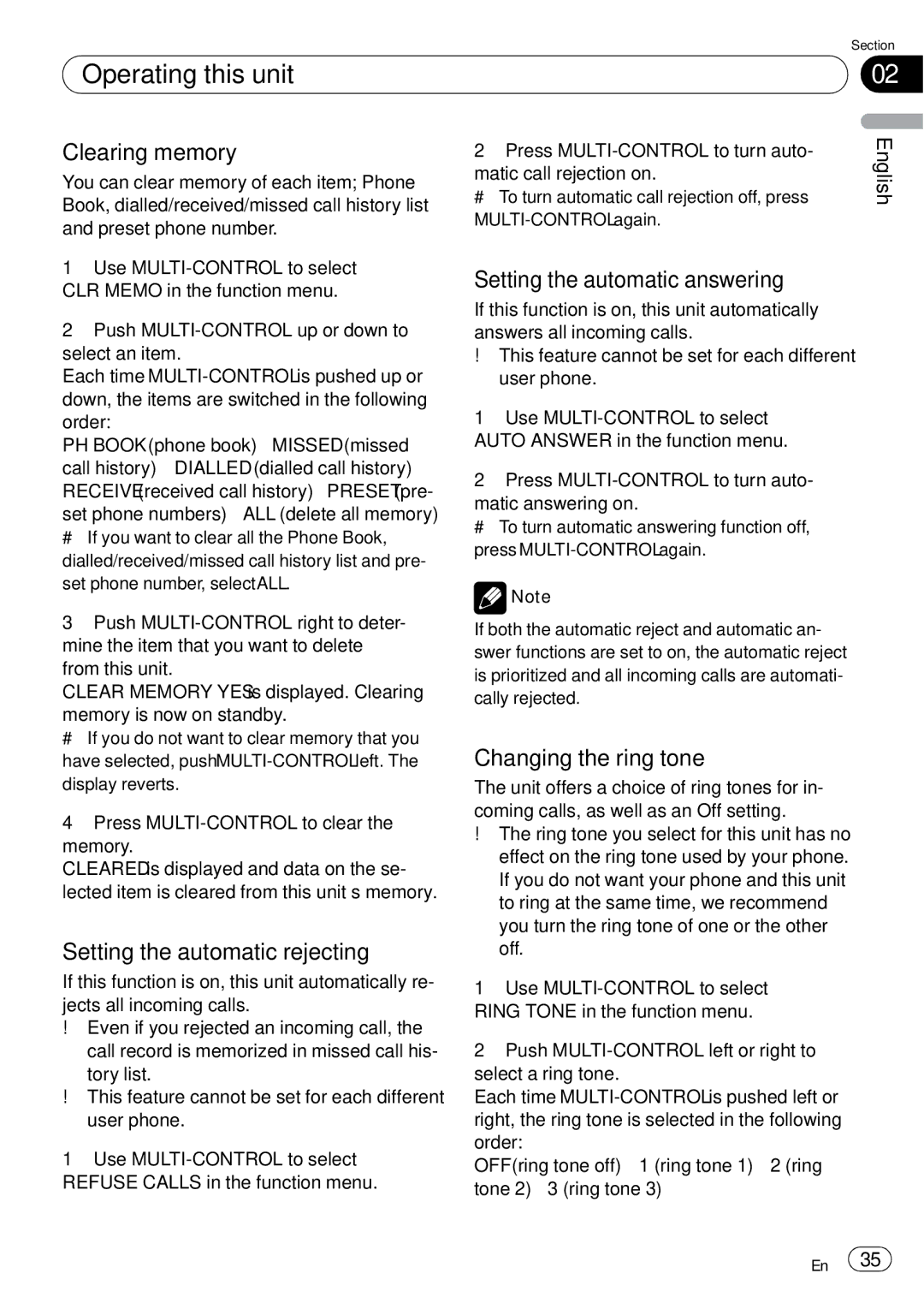 Pioneer DEH-P65BT operation manual Clearing memory, Setting the automatic answering, Setting the automatic rejecting 