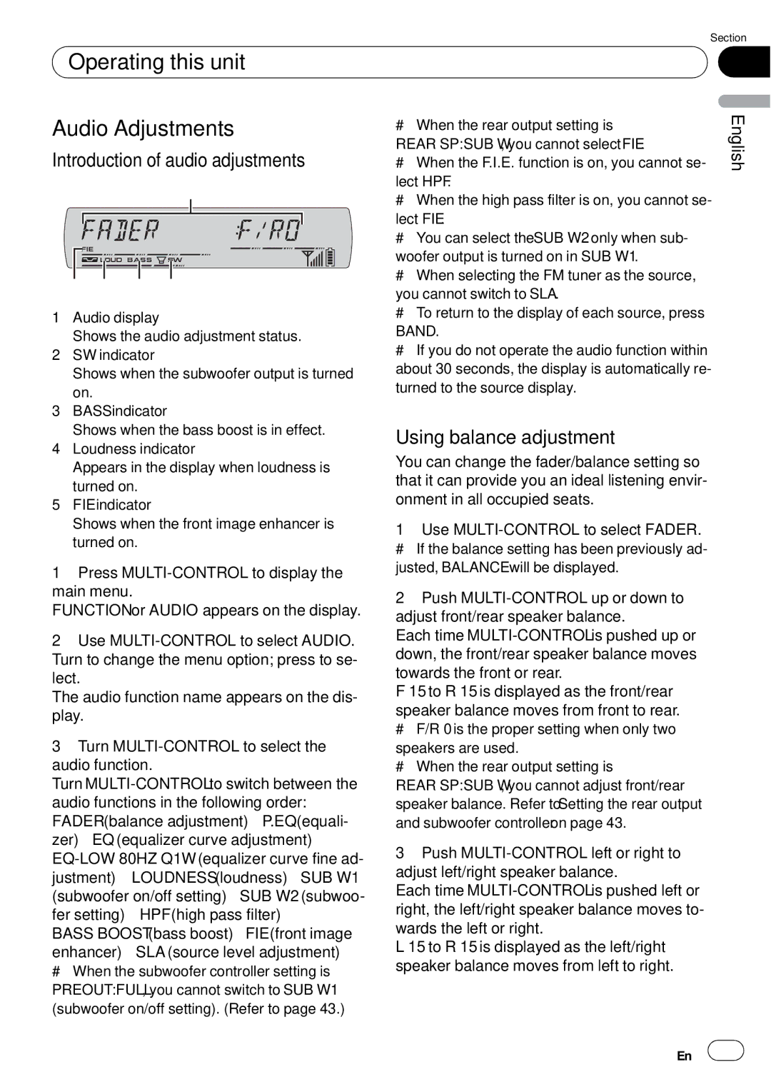 Pioneer DEH-P65BT Operating this unit Audio Adjustments, Introduction of audio adjustments, Using balance adjustment 