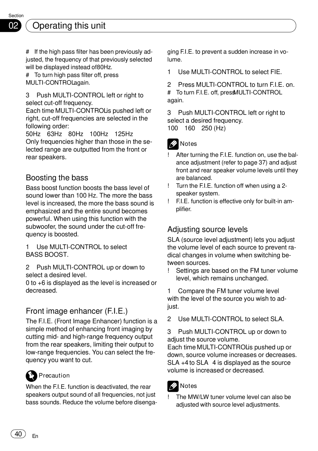 Pioneer DEH-P65BT operation manual Boosting the bass, Front image enhancer F.I.E, Adjusting source levels, Bass Boost 