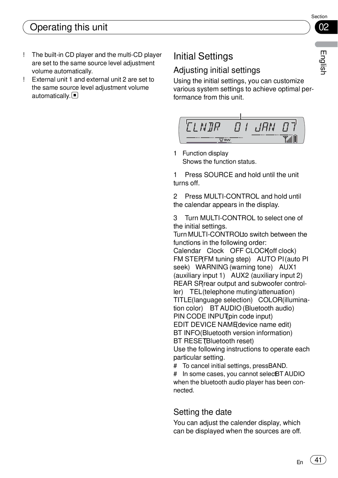 Pioneer DEH-P65BT operation manual Initial Settings, Adjusting initial settings, Setting the date 