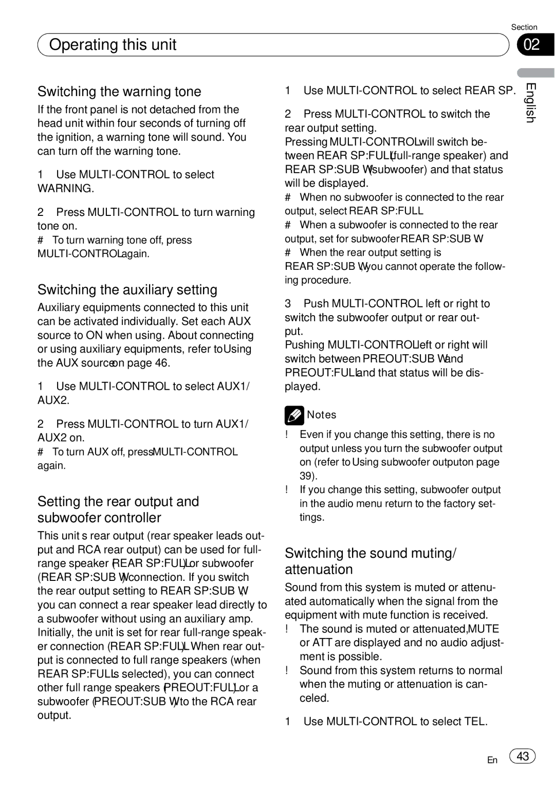 Pioneer DEH-P65BT Switching the warning tone, Switching the auxiliary setting, Switching the sound muting/ attenuation 