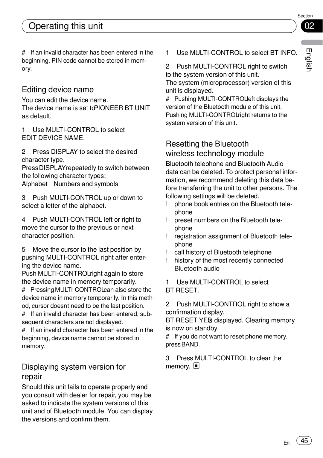 Pioneer DEH-P65BT operation manual Editing device name, Displaying system version for repair, Edit Device Name, BT Reset 