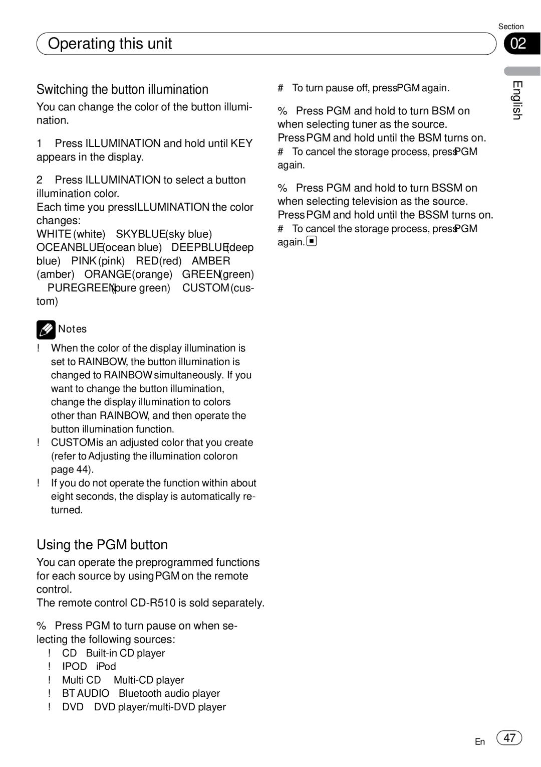 Pioneer DEH-P65BT operation manual Switching the button illumination, Using the PGM button 