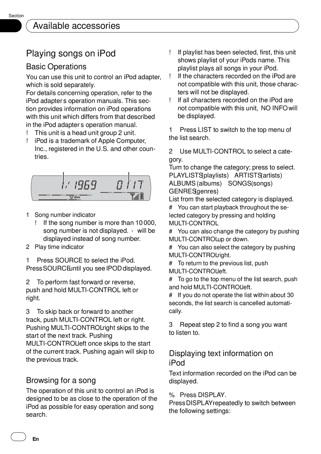 Pioneer DEH-P65BT Available accessories Playing songs on iPod, Displaying text information on, IPod, Browsing for a song 