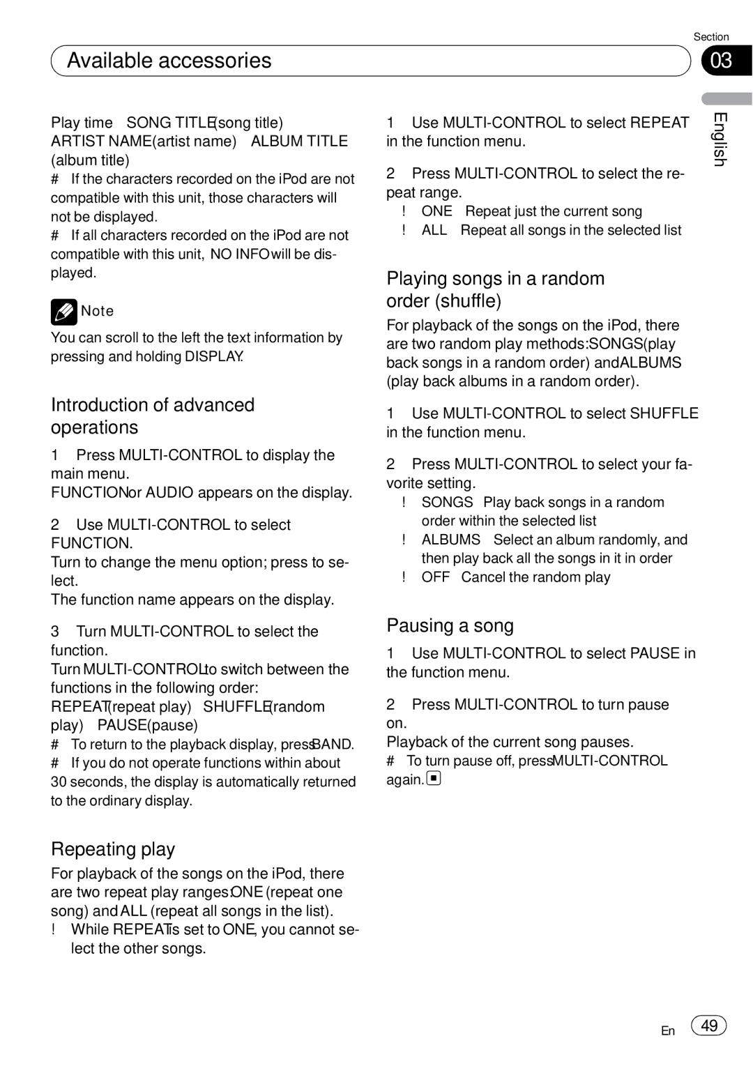 Pioneer DEH-P65BT operation manual Available accessories, Playing songs in a random order shuffle, Repeating play 