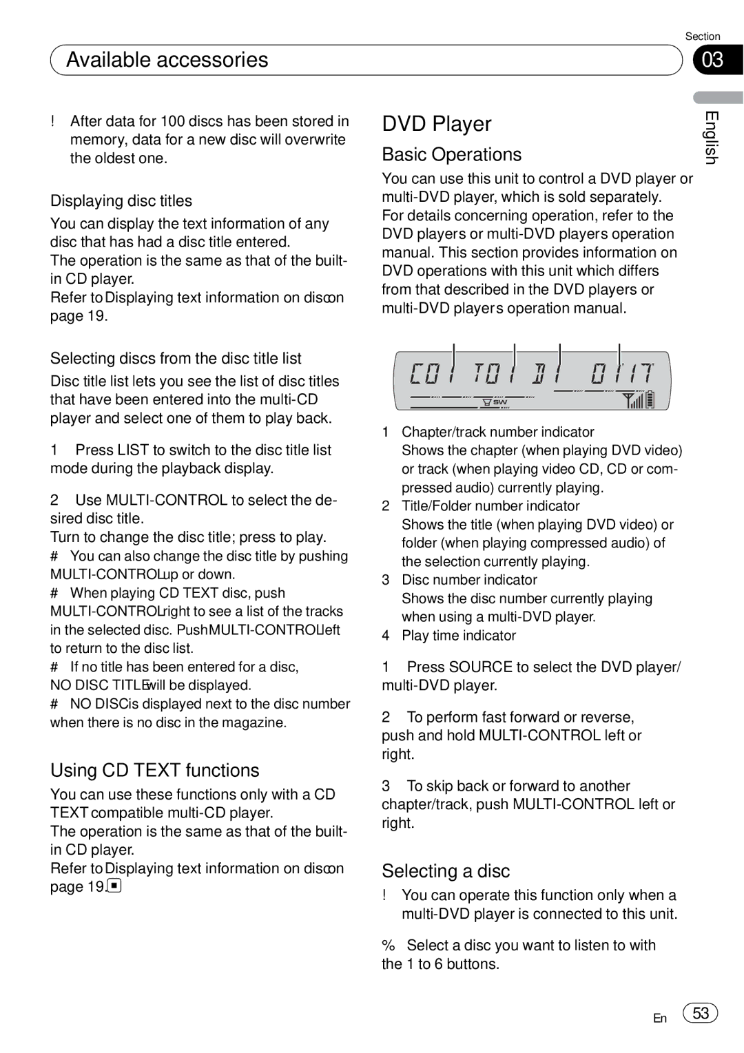 Pioneer DEH-P65BT operation manual DVD Player, Using CD Text functions, Selecting a disc, Displaying disc titles 