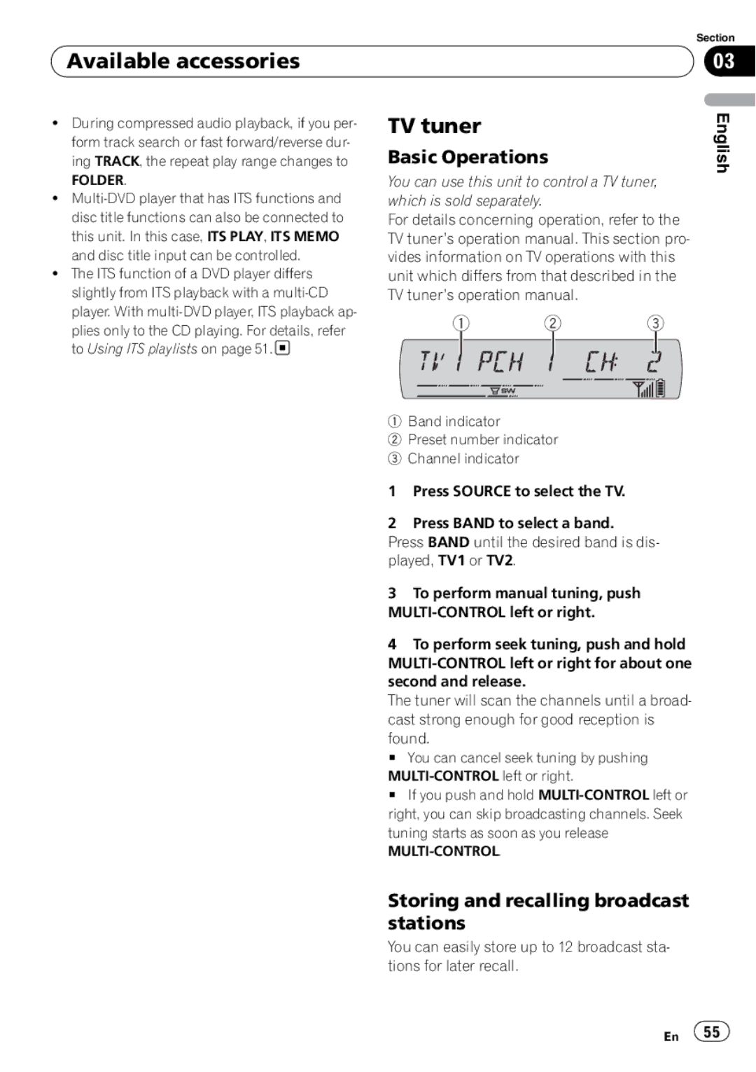 Pioneer DEH-P65BT operation manual TV tuner, Storing and recalling broadcast stations, Folder 