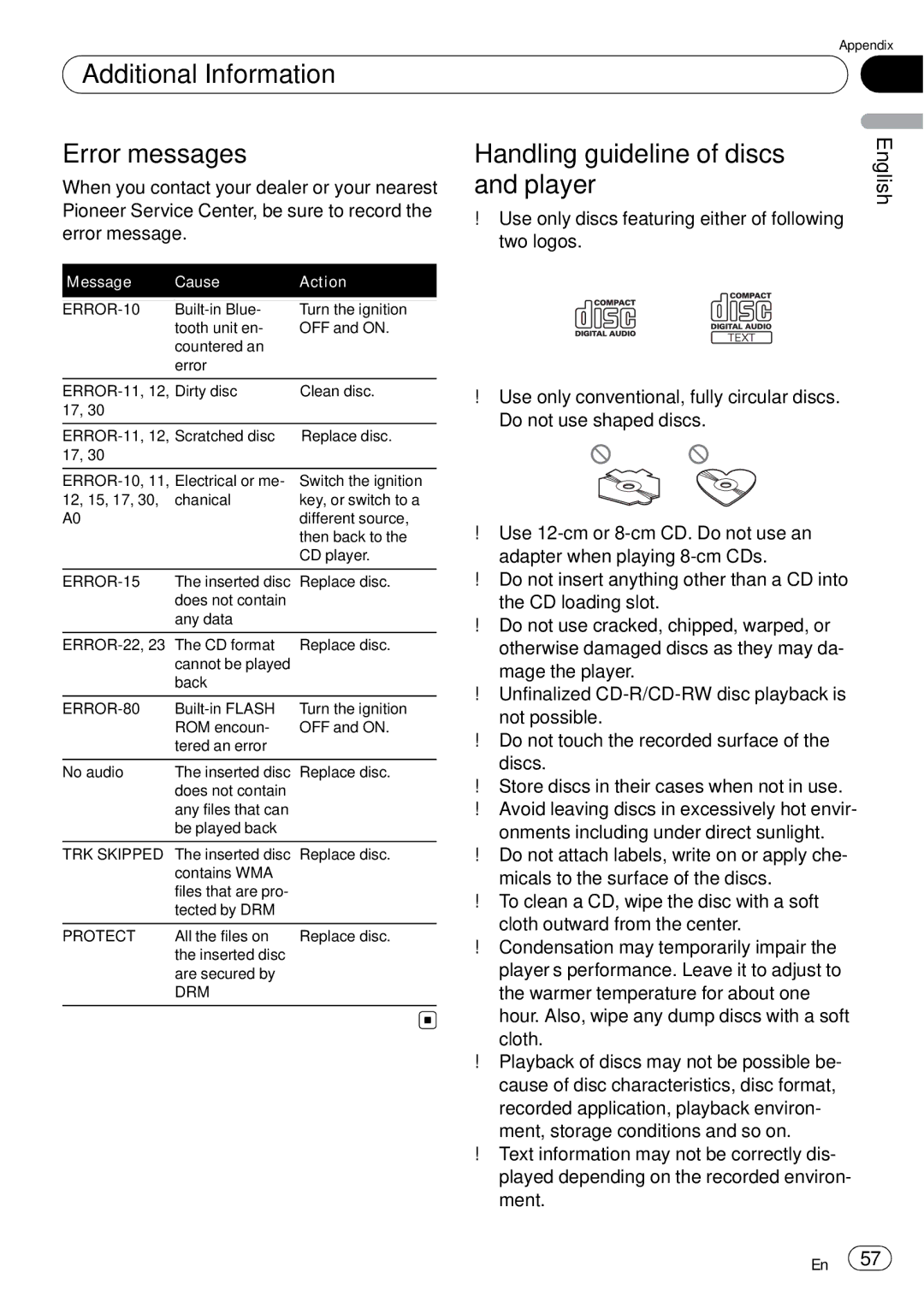 Pioneer DEH-P65BT operation manual Additional Information Error messages, Handling guideline of discs and player 