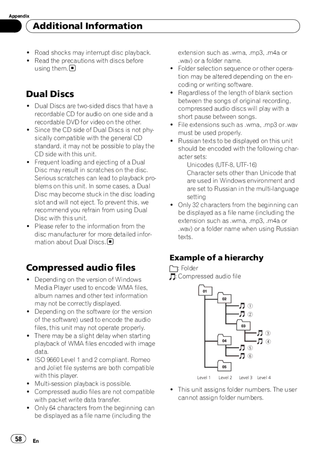 Pioneer DEH-P65BT operation manual Additional Information, Dual Discs, Compressed audio files, Example of a hierarchy 