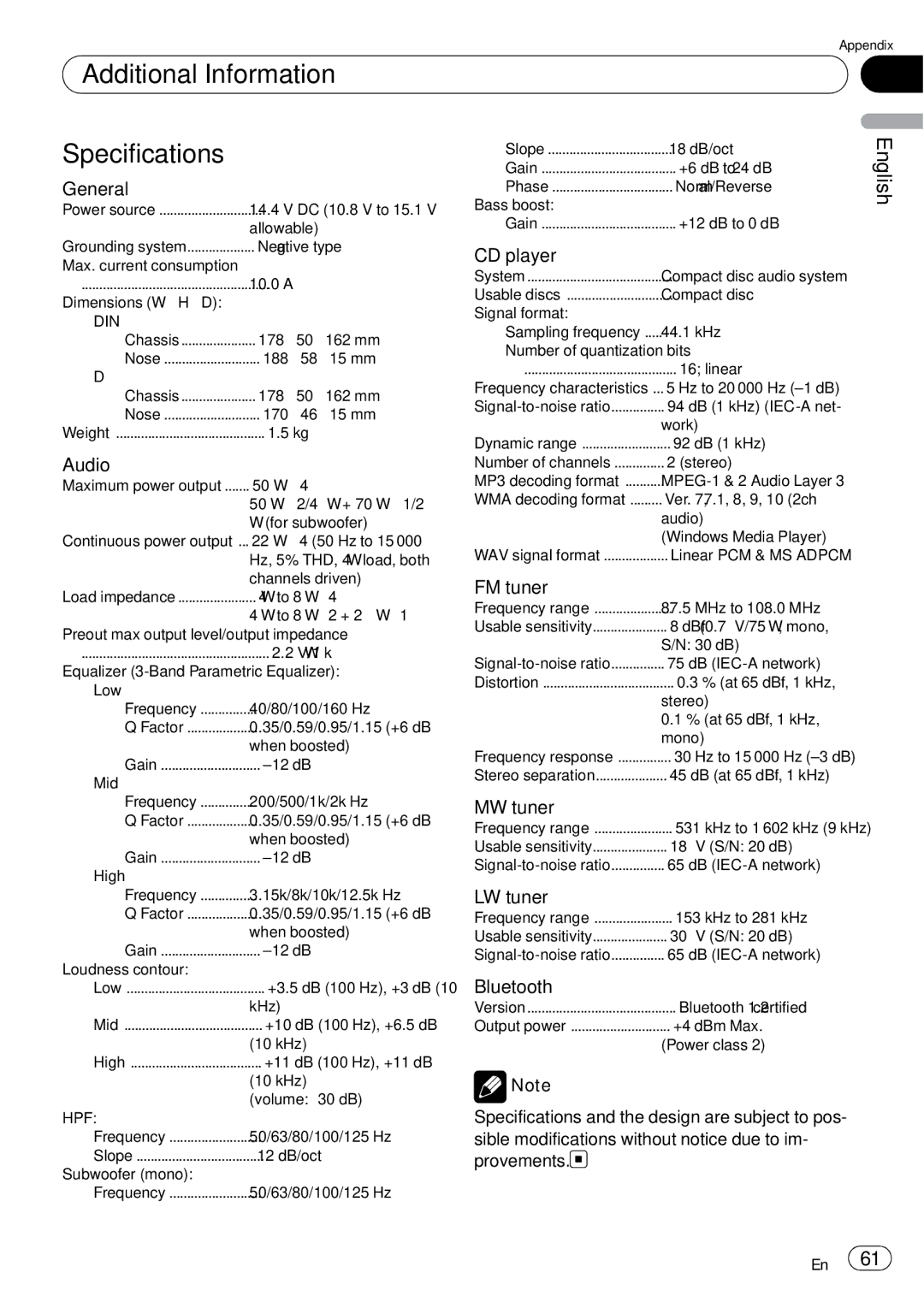 Pioneer DEH-P65BT operation manual Additional Information Specifications 