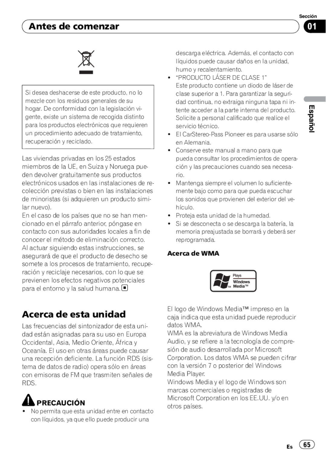 Pioneer DEH-P65BT operation manual Antes de comenzar, Acerca de esta unidad, Producto Láser DE Clase 