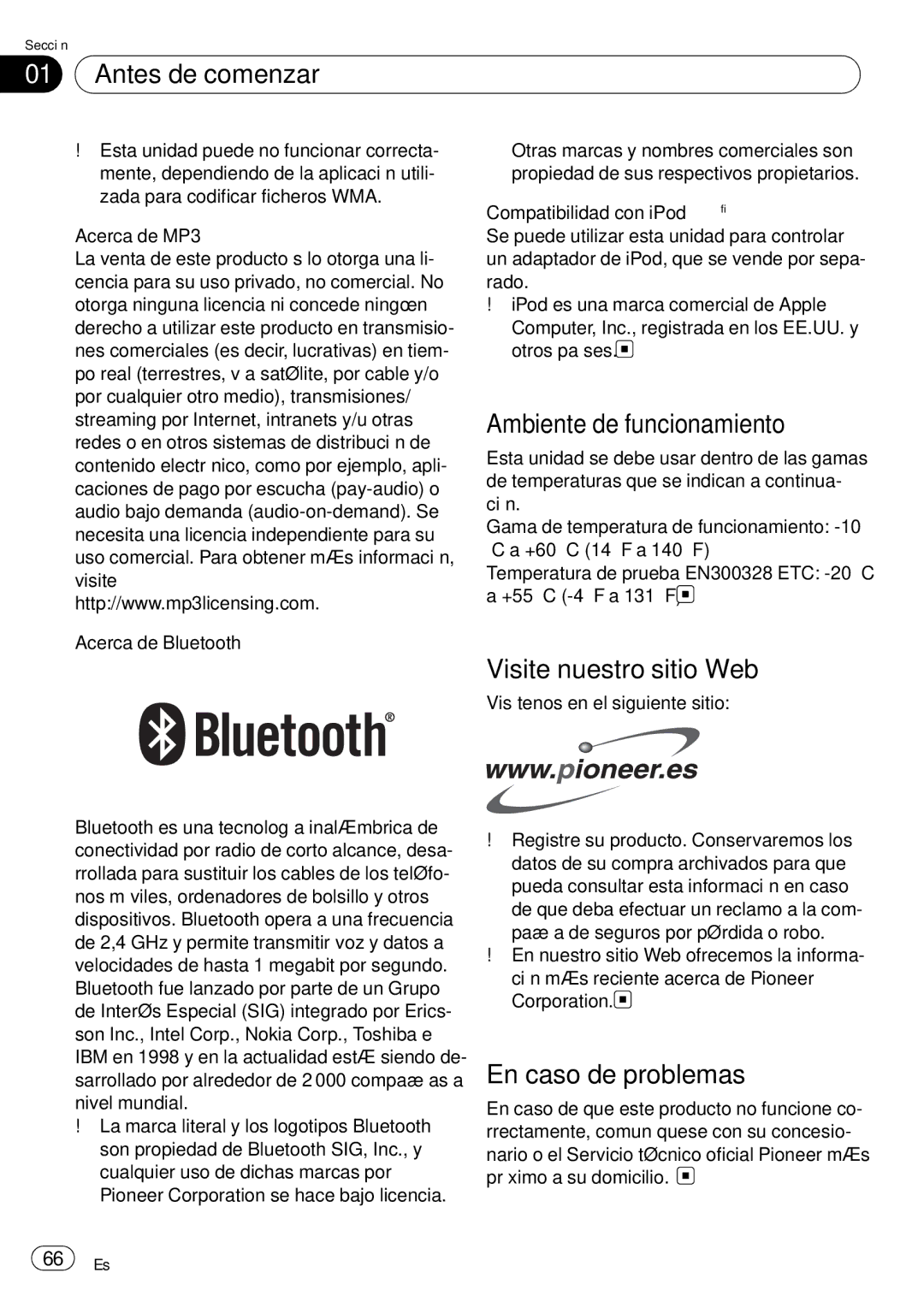 Pioneer DEH-P65BT operation manual Ambiente de funcionamiento, Visite nuestro sitio Web, En caso de problemas 