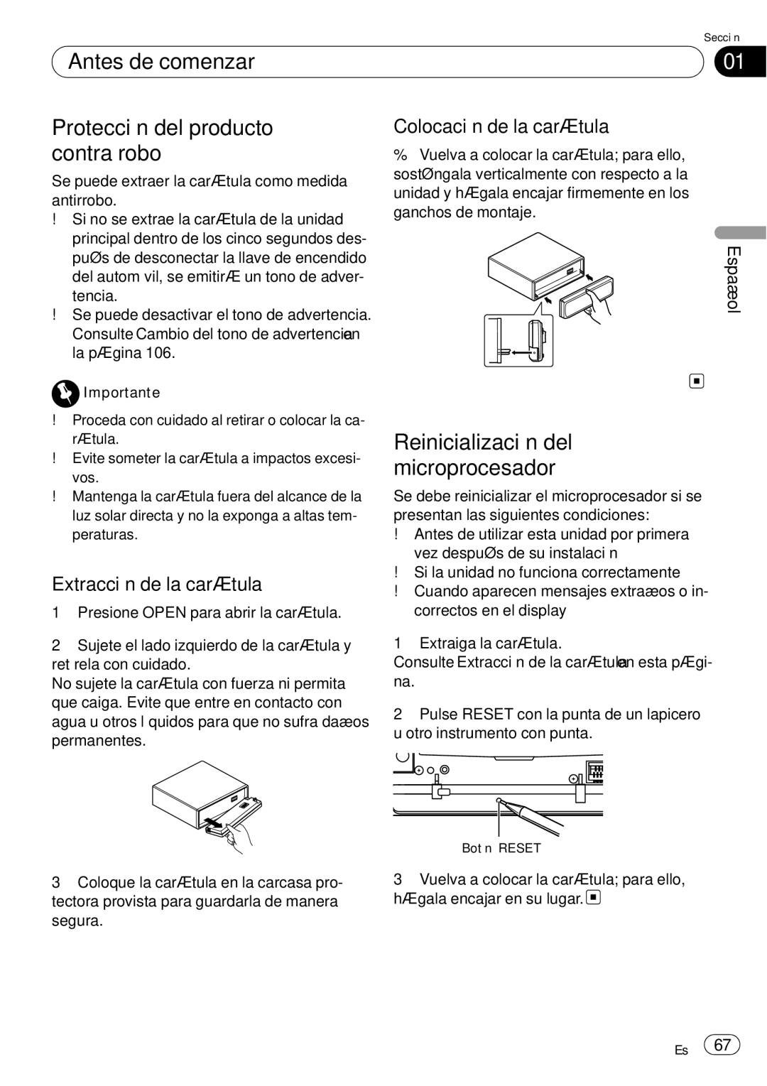 Pioneer DEH-P65BT Antes de comenzar Protección del producto contra robo, Reinicialización del microprocesador 